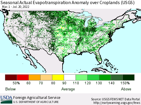 United States Seasonal Actual Evapotranspiration Anomaly over Croplands (USGS) Thematic Map For 3/1/2022 - 7/20/2022