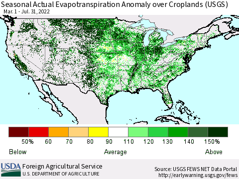 United States Seasonal Actual Evapotranspiration Anomaly over Croplands (USGS) Thematic Map For 3/1/2022 - 7/31/2022