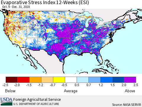 United States Evaporative Stress Index 12-Weeks (ESI) Thematic Map For 12/31/2018 - 1/6/2019