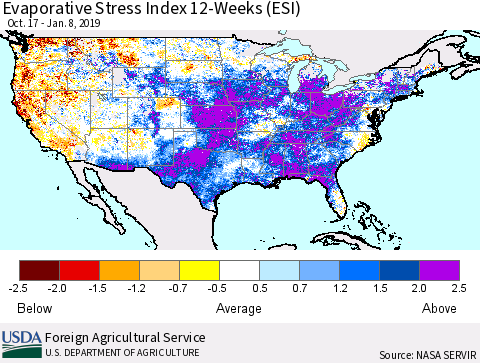 United States Evaporative Stress Index 12-Weeks (ESI) Thematic Map For 1/7/2019 - 1/13/2019