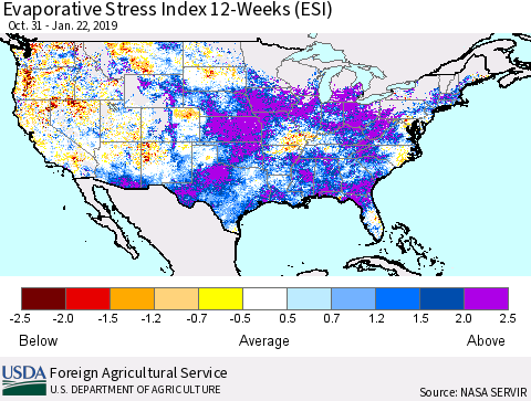 United States Evaporative Stress Index (ESI), 12-Weeks Thematic Map For 1/21/2019 - 1/27/2019