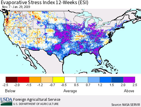 United States Evaporative Stress Index 12-Weeks (ESI) Thematic Map For 1/28/2019 - 2/3/2019