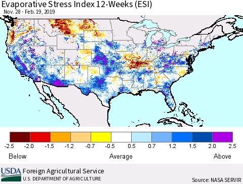 United States Evaporative Stress Index (ESI), 12-Weeks Thematic Map For 2/18/2019 - 2/24/2019