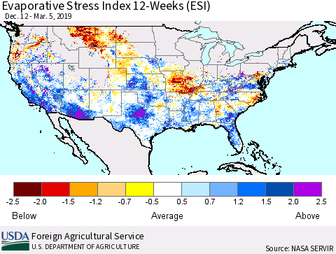 United States Evaporative Stress Index (ESI), 12-Weeks Thematic Map For 3/4/2019 - 3/10/2019