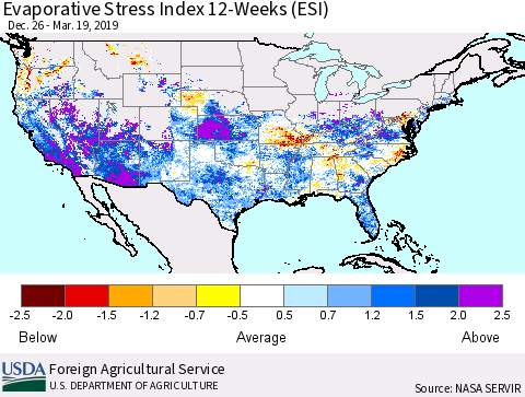 United States Evaporative Stress Index (ESI), 12-Weeks Thematic Map For 3/18/2019 - 3/24/2019