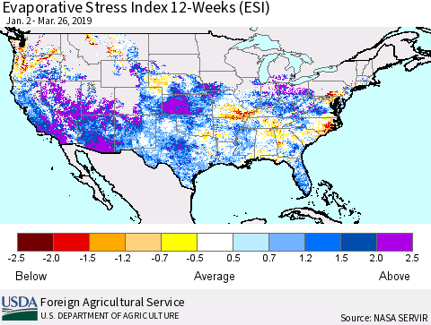 United States Evaporative Stress Index (ESI), 12-Weeks Thematic Map For 3/25/2019 - 3/31/2019