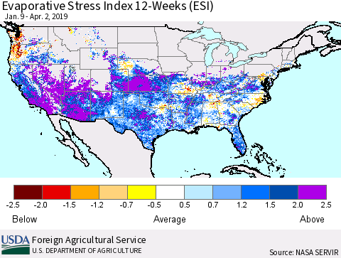 United States Evaporative Stress Index (ESI), 12-Weeks Thematic Map For 4/1/2019 - 4/7/2019
