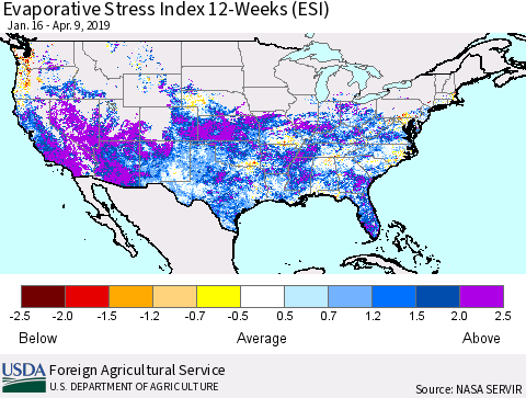 United States Evaporative Stress Index (ESI), 12-Weeks Thematic Map For 4/8/2019 - 4/14/2019