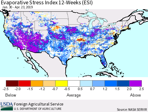 United States Evaporative Stress Index (ESI), 12-Weeks Thematic Map For 4/22/2019 - 4/28/2019