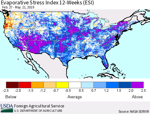 United States Evaporative Stress Index 12-Weeks (ESI) Thematic Map For 5/20/2019 - 5/26/2019