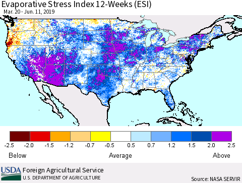 United States Evaporative Stress Index (ESI), 12-Weeks Thematic Map For 6/10/2019 - 6/16/2019