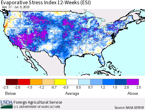 United States Evaporative Stress Index (ESI), 12-Weeks Thematic Map For 7/8/2019 - 7/14/2019