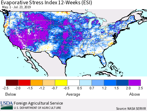 United States Evaporative Stress Index (ESI), 12-Weeks Thematic Map For 7/22/2019 - 7/28/2019