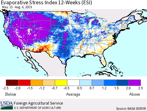 United States Evaporative Stress Index (ESI), 12-Weeks Thematic Map For 8/5/2019 - 8/11/2019