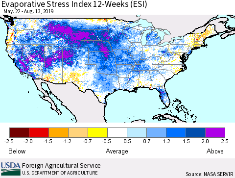 United States Evaporative Stress Index (ESI), 12-Weeks Thematic Map For 8/12/2019 - 8/18/2019