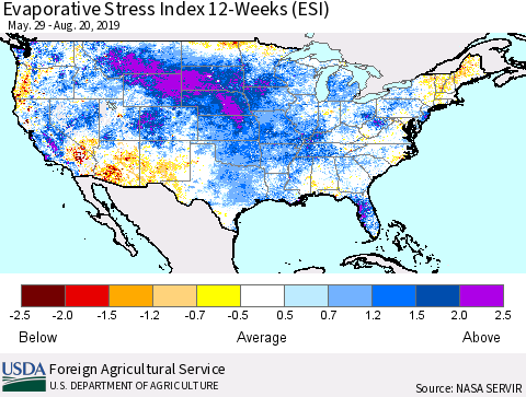 United States Evaporative Stress Index (ESI), 12-Weeks Thematic Map For 8/19/2019 - 8/25/2019