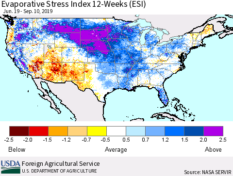 United States Evaporative Stress Index (ESI), 12-Weeks Thematic Map For 9/9/2019 - 9/15/2019