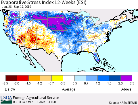 United States Evaporative Stress Index (ESI), 12-Weeks Thematic Map For 9/16/2019 - 9/22/2019