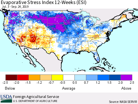 United States Evaporative Stress Index (ESI), 12-Weeks Thematic Map For 9/23/2019 - 9/29/2019