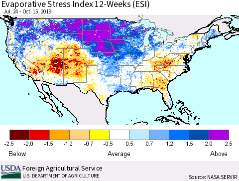 United States Evaporative Stress Index (ESI), 12-Weeks Thematic Map For 10/14/2019 - 10/20/2019