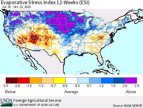 United States Evaporative Stress Index 12-Weeks (ESI) Thematic Map For 10/21/2019 - 10/27/2019