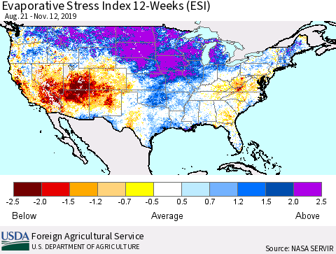 United States Evaporative Stress Index (ESI), 12-Weeks Thematic Map For 11/11/2019 - 11/17/2019