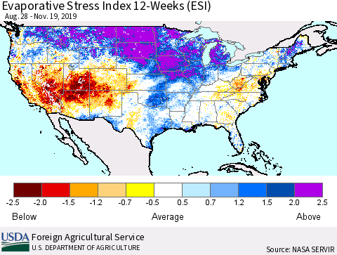 United States Evaporative Stress Index (ESI), 12-Weeks Thematic Map For 11/18/2019 - 11/24/2019