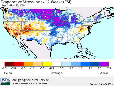 United States Evaporative Stress Index (ESI), 12-Weeks Thematic Map For 11/25/2019 - 12/1/2019