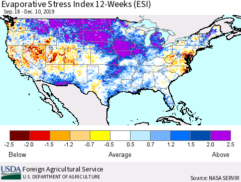 United States Evaporative Stress Index (ESI), 12-Weeks Thematic Map For 12/9/2019 - 12/15/2019