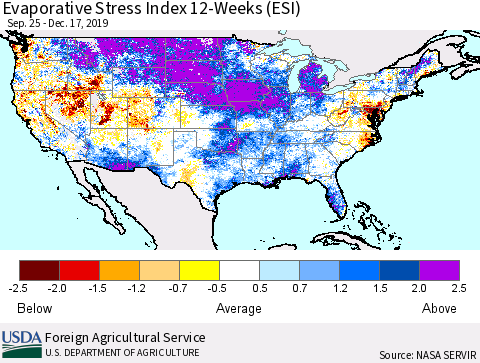 United States Evaporative Stress Index (ESI), 12-Weeks Thematic Map For 12/16/2019 - 12/22/2019