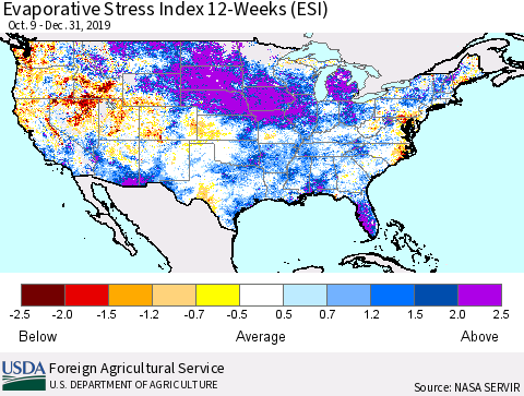 United States Evaporative Stress Index (ESI), 12-Weeks Thematic Map For 12/30/2019 - 1/5/2020