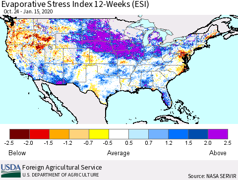 United States Evaporative Stress Index 12-Weeks (ESI) Thematic Map For 1/13/2020 - 1/19/2020