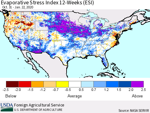 United States Evaporative Stress Index (ESI), 12-Weeks Thematic Map For 1/20/2020 - 1/26/2020