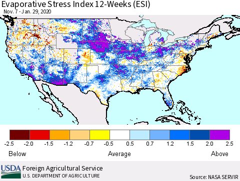 United States Evaporative Stress Index (ESI), 12-Weeks Thematic Map For 1/27/2020 - 2/2/2020