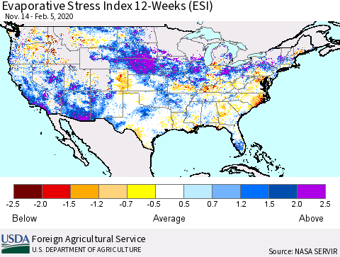 United States Evaporative Stress Index 12-Weeks (ESI) Thematic Map For 2/3/2020 - 2/9/2020