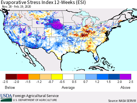 United States Evaporative Stress Index (ESI), 12-Weeks Thematic Map For 2/17/2020 - 2/23/2020