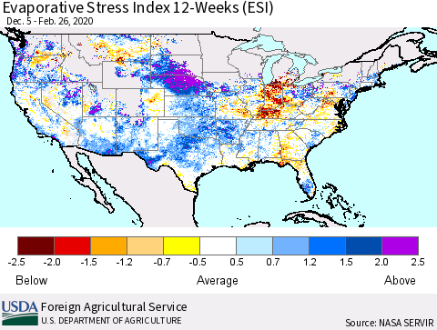 United States Evaporative Stress Index (ESI), 12-Weeks Thematic Map For 2/24/2020 - 3/1/2020
