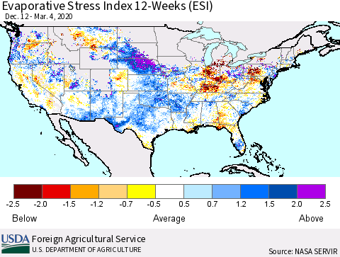 United States Evaporative Stress Index (ESI), 12-Weeks Thematic Map For 3/2/2020 - 3/8/2020