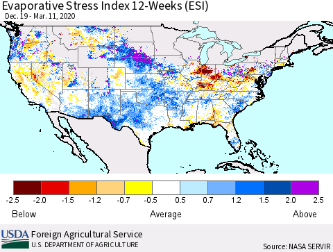 United States Evaporative Stress Index (ESI), 12-Weeks Thematic Map For 3/9/2020 - 3/15/2020