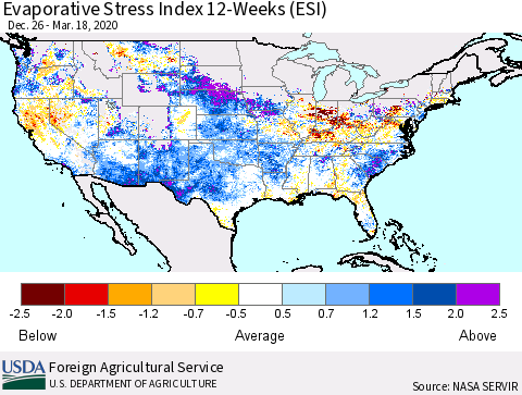 United States Evaporative Stress Index 12-Weeks (ESI) Thematic Map For 3/16/2020 - 3/22/2020