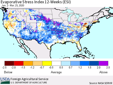 United States Evaporative Stress Index 12-Weeks (ESI) Thematic Map For 3/23/2020 - 3/29/2020