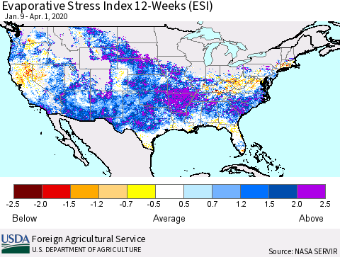 United States Evaporative Stress Index (ESI), 12-Weeks Thematic Map For 3/30/2020 - 4/5/2020