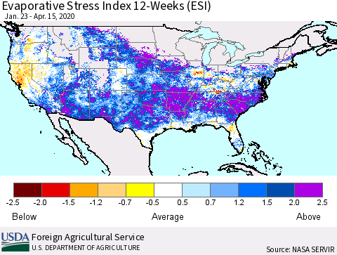 United States Evaporative Stress Index (ESI), 12-Weeks Thematic Map For 4/13/2020 - 4/19/2020