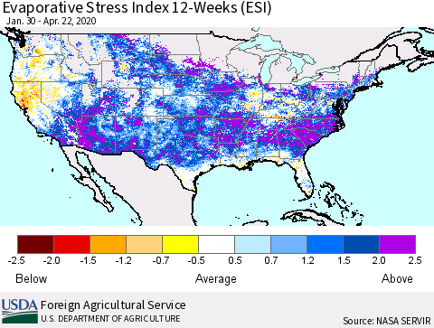 United States Evaporative Stress Index (ESI), 12-Weeks Thematic Map For 4/20/2020 - 4/26/2020