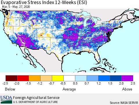 United States Evaporative Stress Index 12-Weeks (ESI) Thematic Map For 5/25/2020 - 5/31/2020