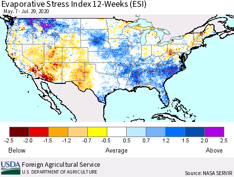 United States Evaporative Stress Index (ESI), 12-Weeks Thematic Map For 7/27/2020 - 8/2/2020