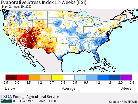 United States Evaporative Stress Index (ESI), 12-Weeks Thematic Map For 8/17/2020 - 8/23/2020
