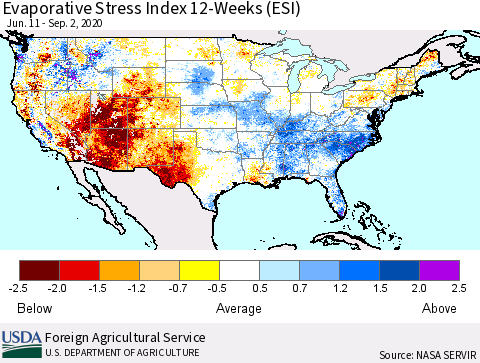 United States Evaporative Stress Index (ESI), 12-Weeks Thematic Map For 8/31/2020 - 9/6/2020