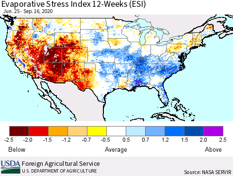 United States Evaporative Stress Index (ESI), 12-Weeks Thematic Map For 9/14/2020 - 9/20/2020