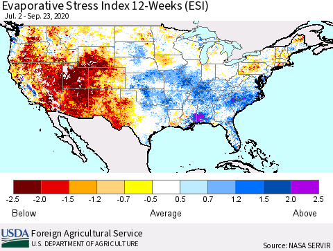 United States Evaporative Stress Index (ESI), 12-Weeks Thematic Map For 9/21/2020 - 9/27/2020